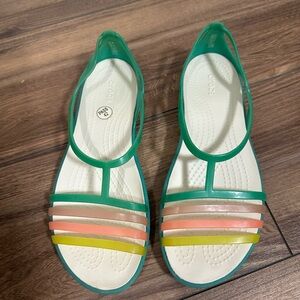 CROCS Green Jelly T-Strap Sandals with Pink Peach and Yellow Stripes